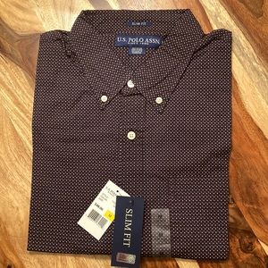 NWT U.S POLO ASSN MENS BLK W/RED & WHITE POLKA DOT LONG SLEEVED BUTTON UP SHIRT